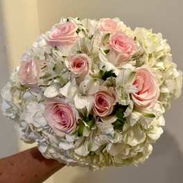 Brides Bouquet With Pink Roses And Hydrangeas