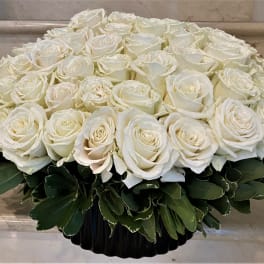 125 Roses White Arranged In A Glass Or Ceramic Vase