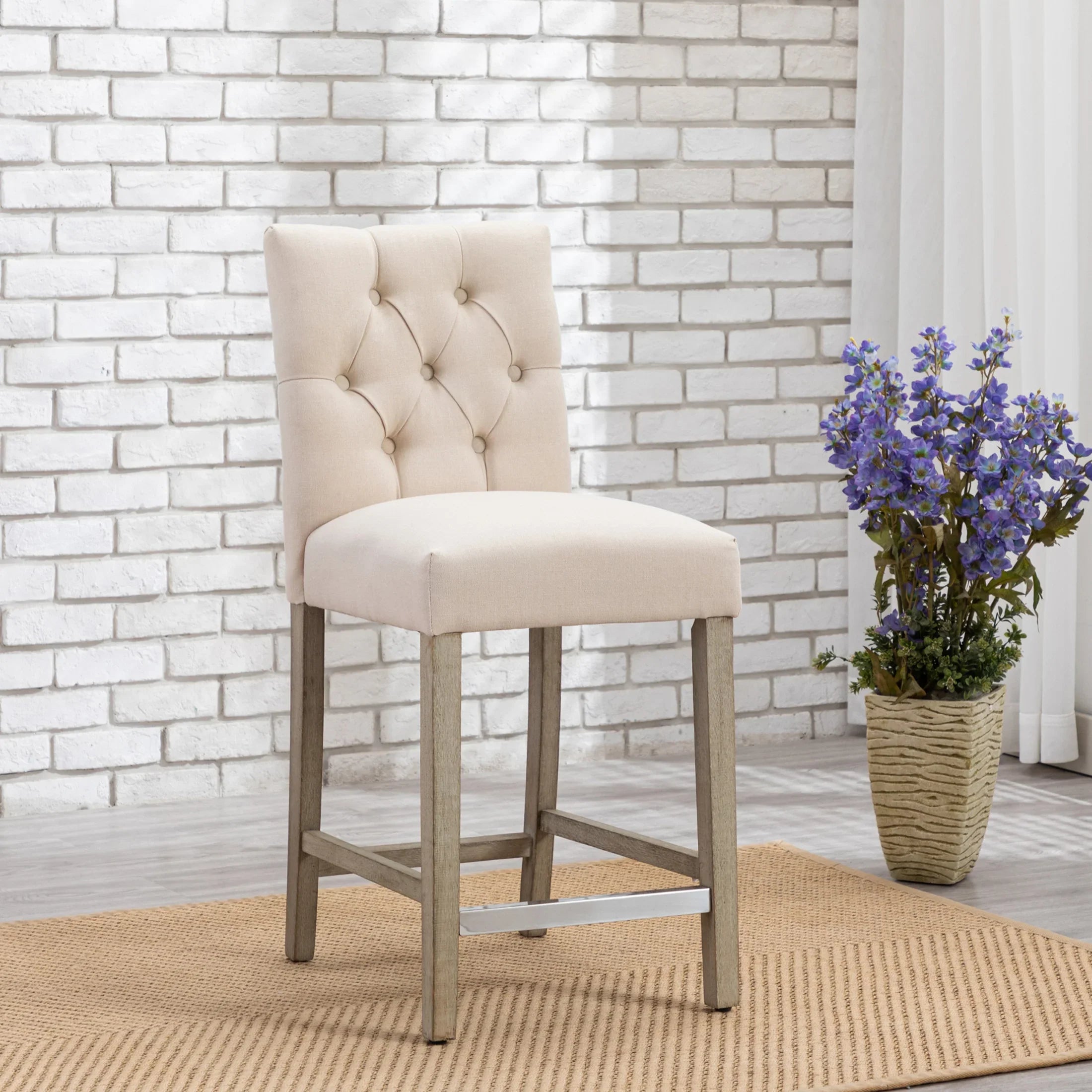 Bellmount 24" Linen Fabric Tufted Counter Stool