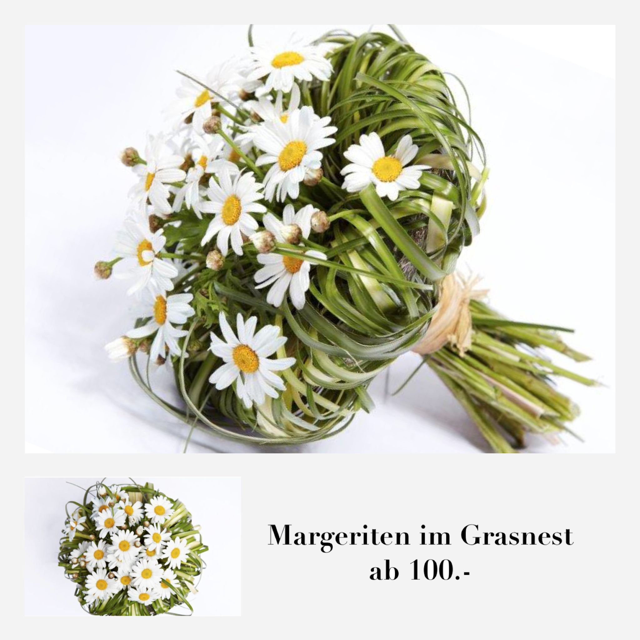 Brautstrauss mit Margeriten im Grasnest