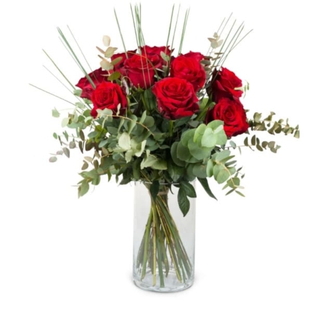 12 Rote Rosen mit Grün